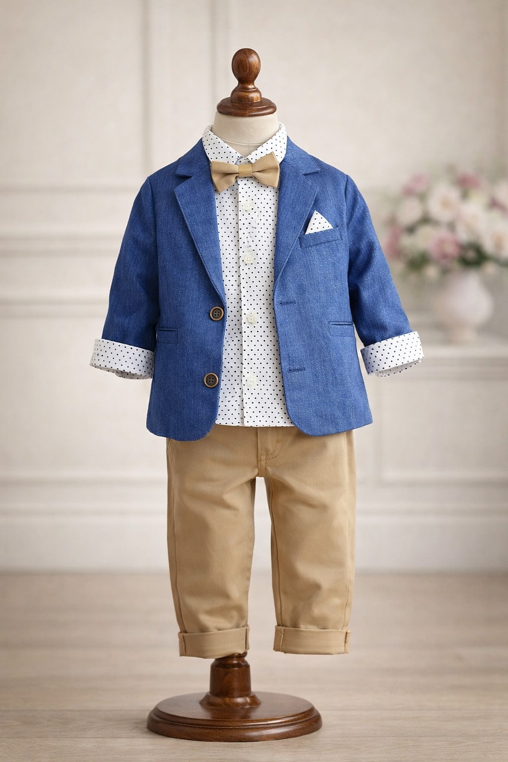 Četvorodelni svečani komplet za dečake – plavi sako, bež pantalone i leptir mašna