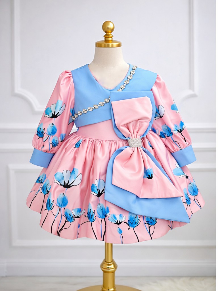 Elegantna haljina za devojčice sa mašnom i cvetnim motivima – roze plava