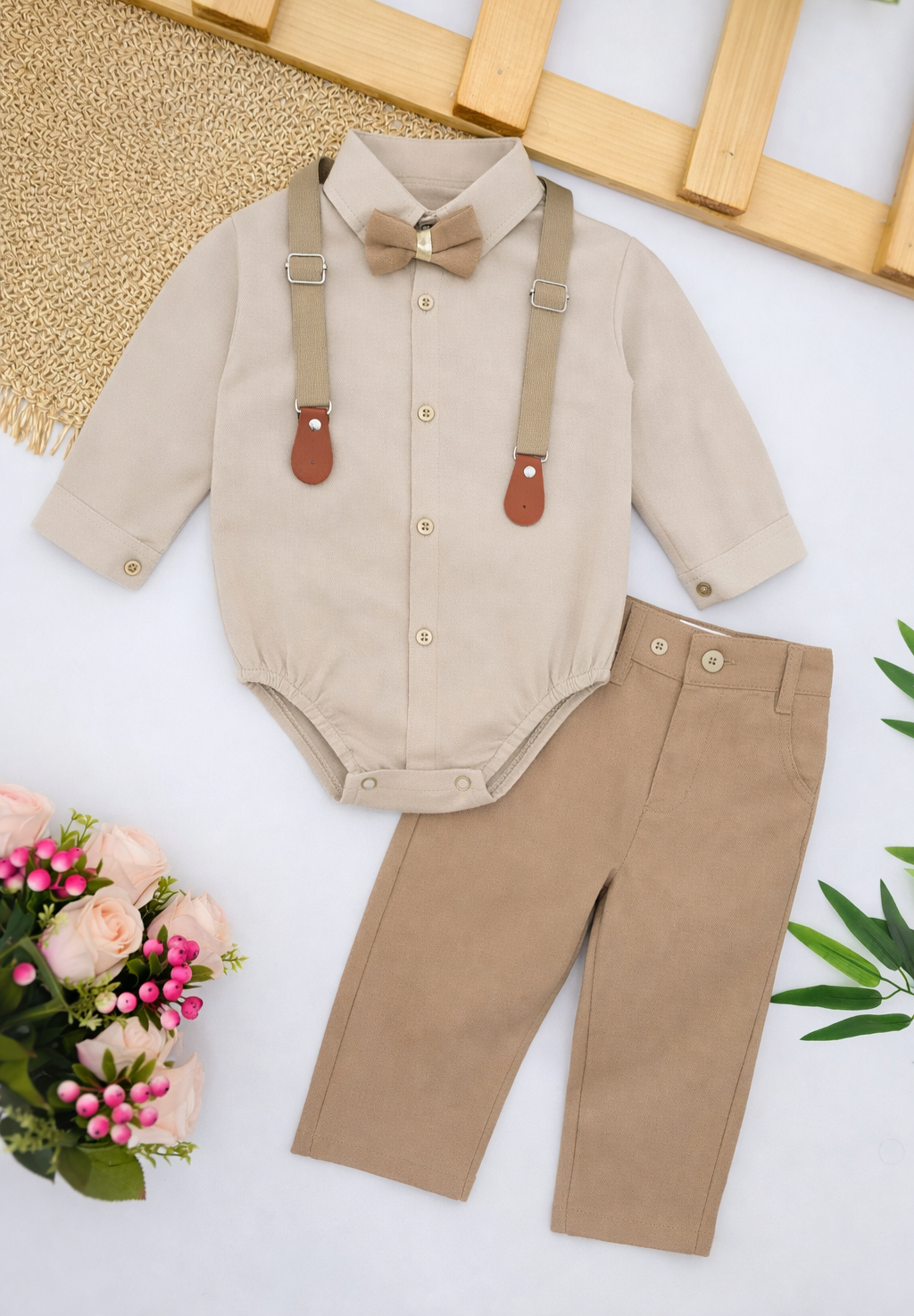 Elegantni bež set za bebe dečake sa bodićem, tregerima i pantalonama