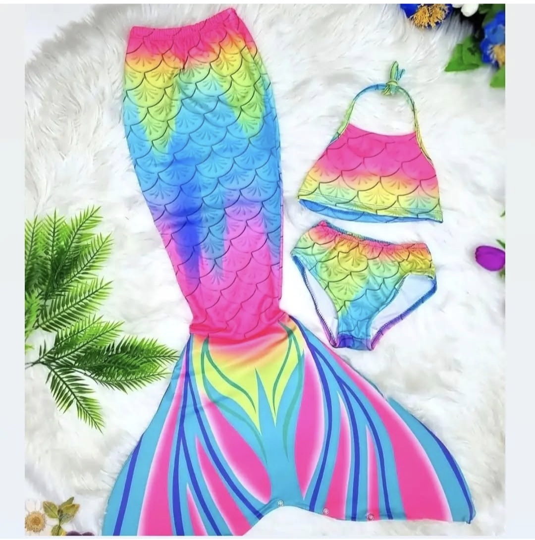 Trodеlni kupaći kostim u bojama sirene: gornji deo, donji deo i dodatak u obliku sirena repa – komplet za devojčice za more