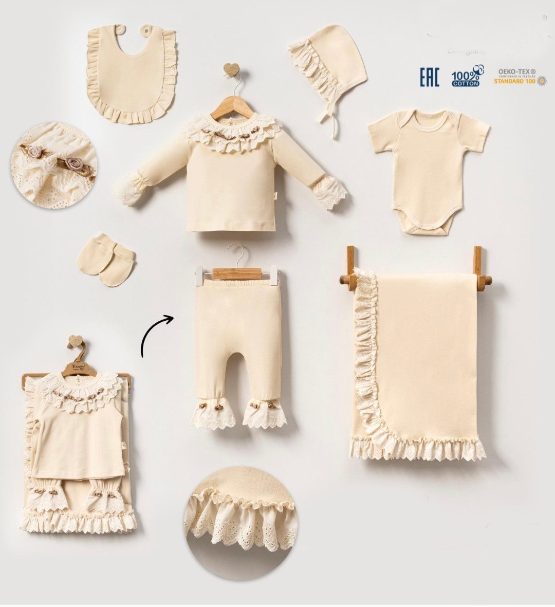 Elegantni bebi set za devojčice – Krem komplet sa čipkastim detaljima (7 delova) Elegantni bebi set za devojčice – Krem komplet sa čipkastim detaljima (7 delova)