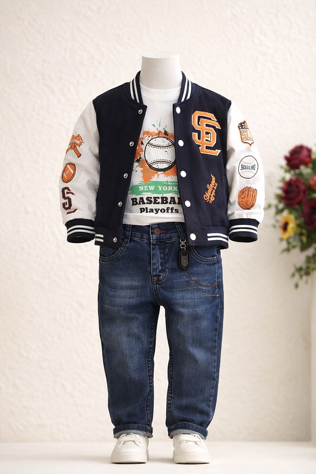 Trodeleni komplet za dečake – majica, farmerice i crna koledž jakna