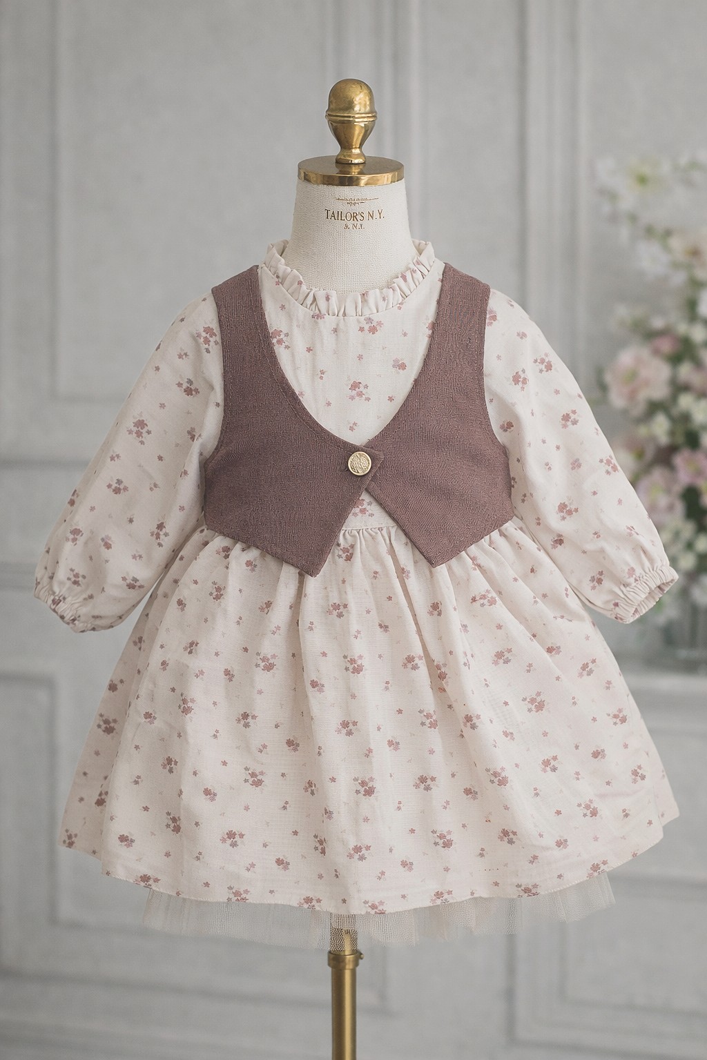 Krem haljinica sa cvetnim dezenom i imitacijom prsluka