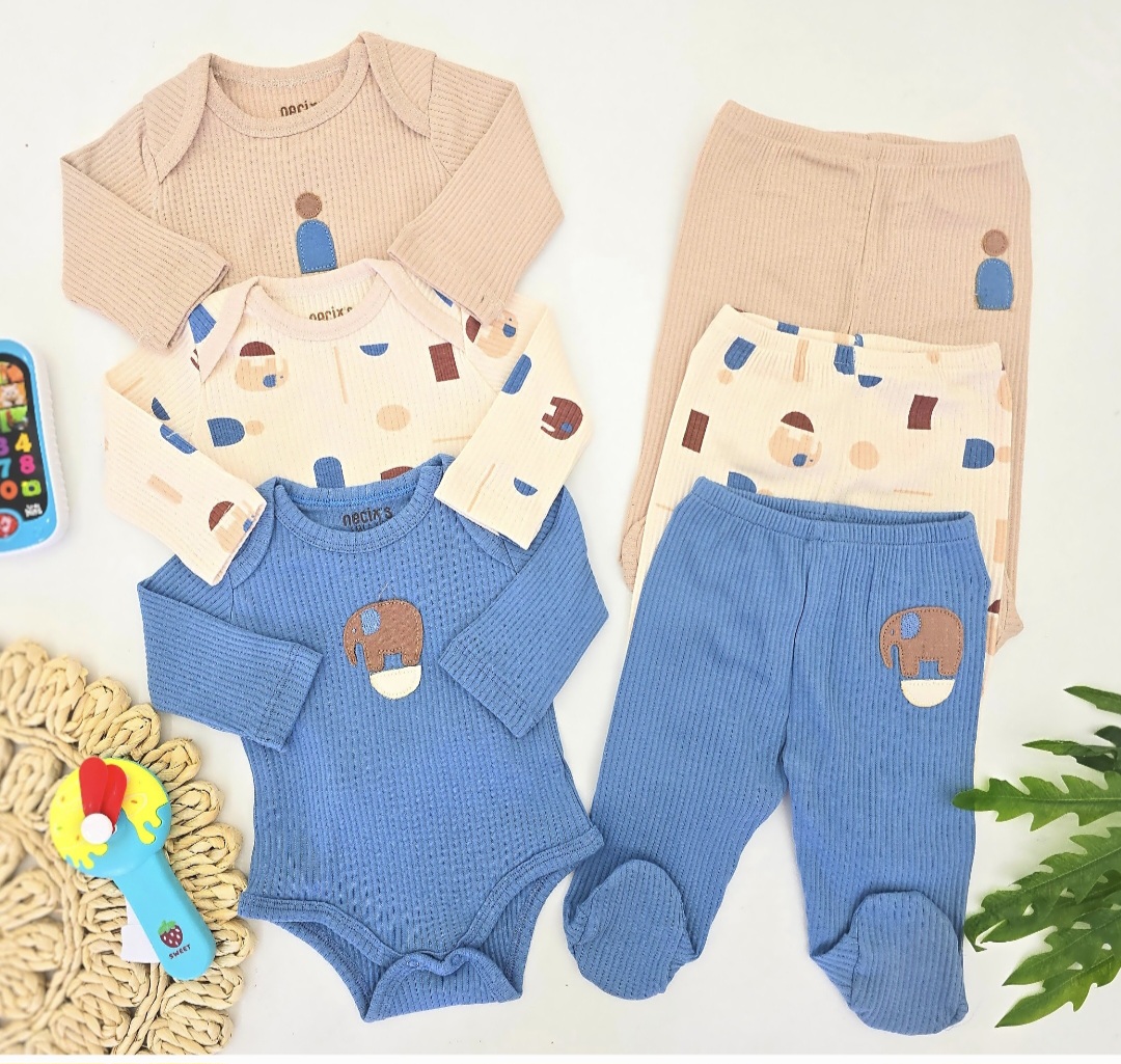 Šestodelni set za bebe – 3 bodića i 3 pantalone od rebrastog pamuka