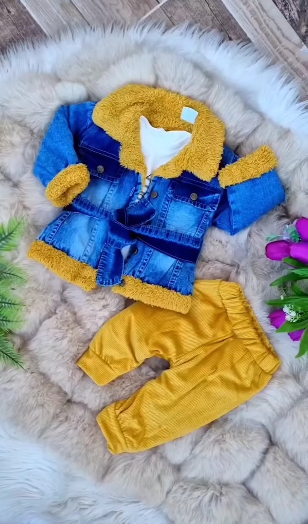 Komplet za bebe – bluza, teksas jakna sa krznom i somot pantalone