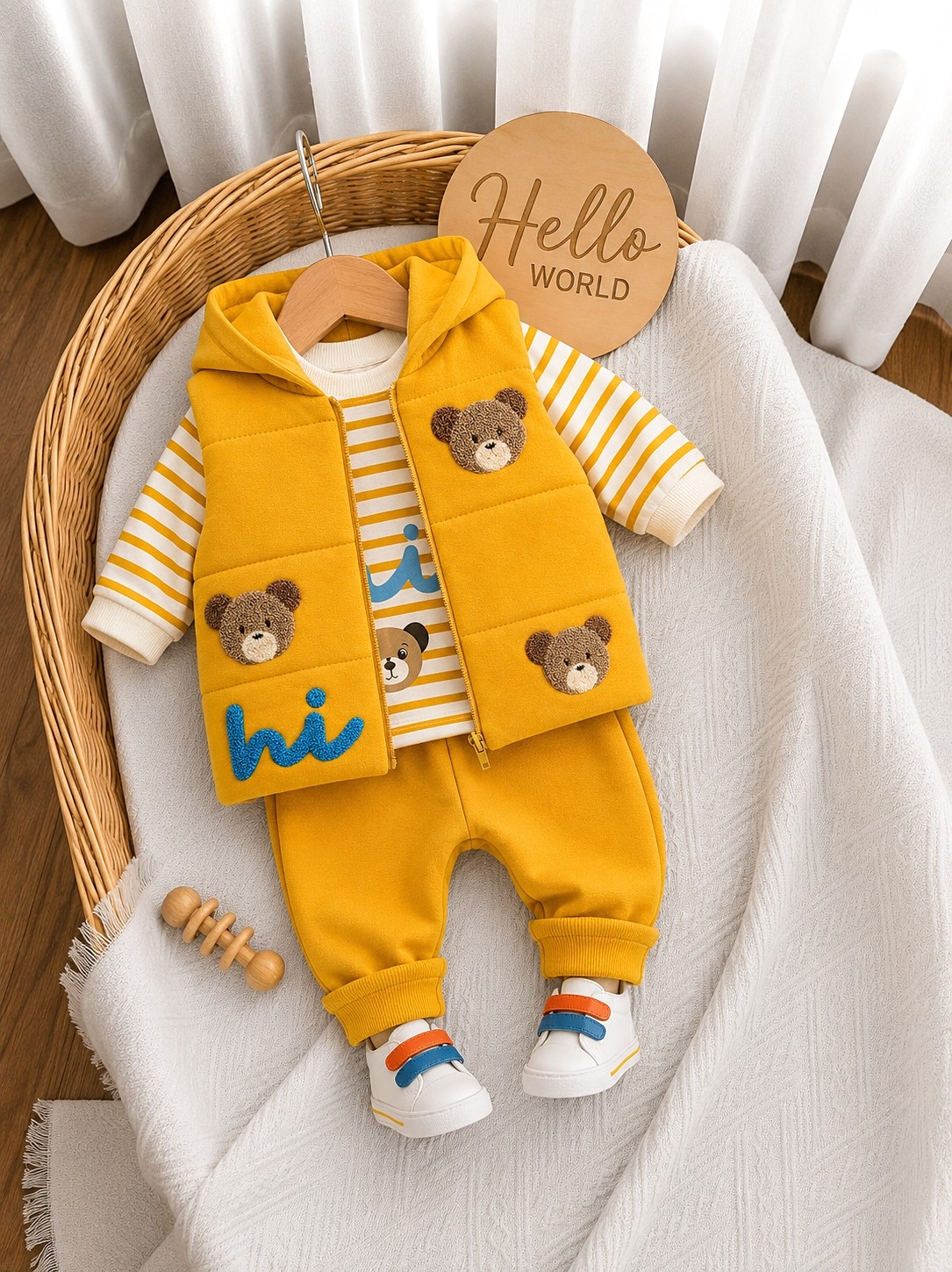 Žuti set sa medvedićima – prsluk, bluza i donji deo (100% pamuk)