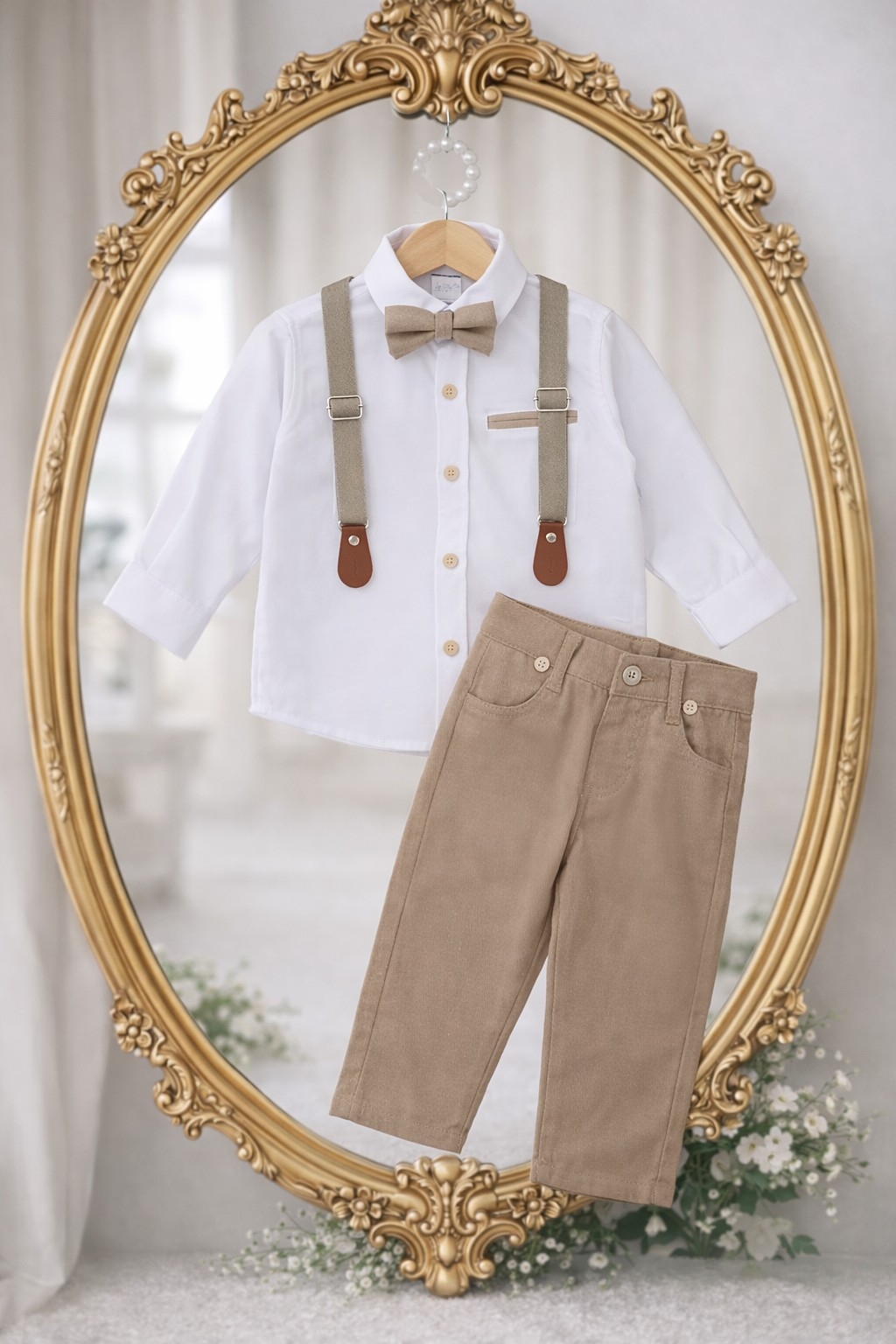 Svečani komplet za dečake – košulja, pantalone, tregeri i leptir mašna