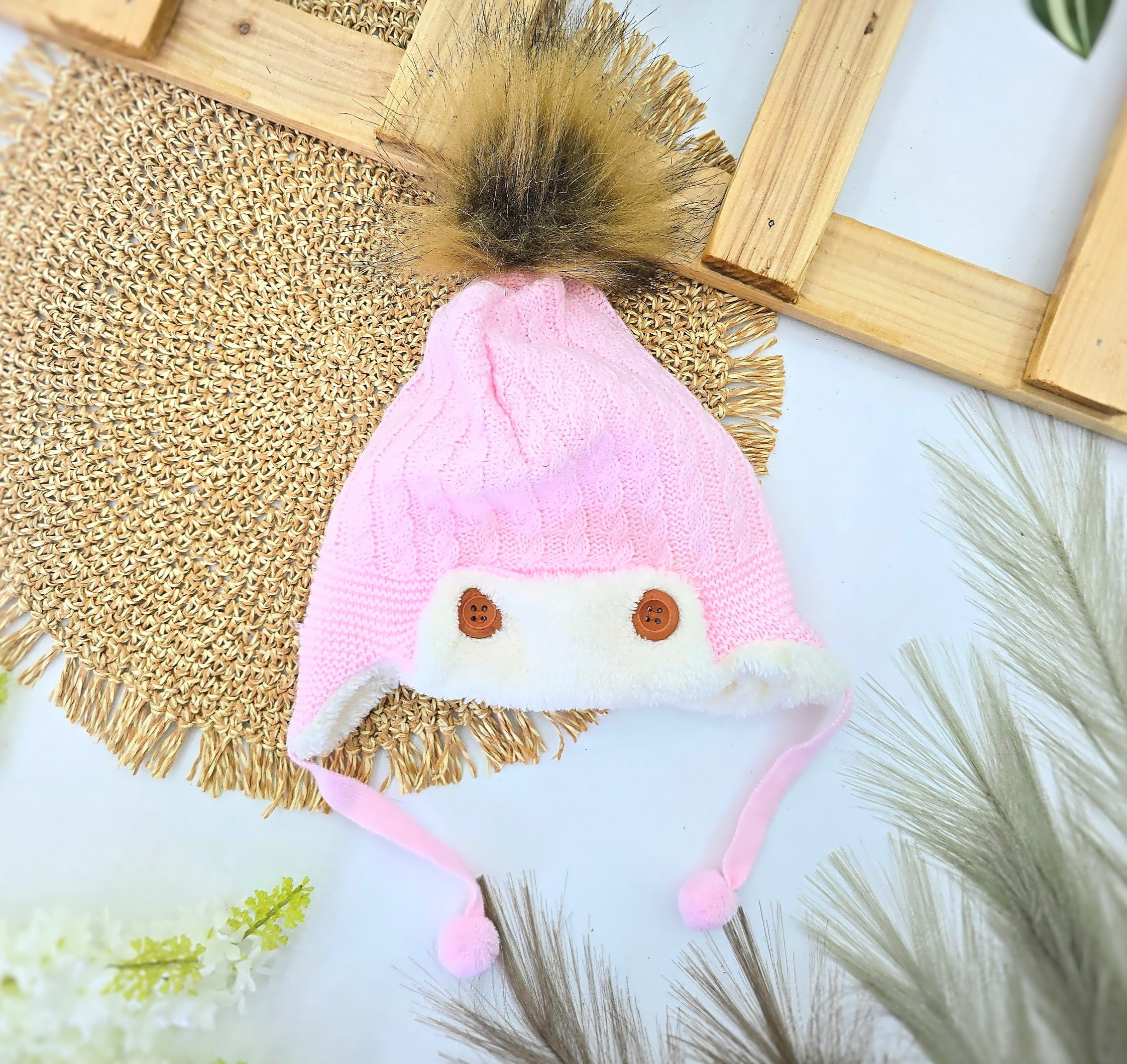 Zimska kapica za bebe – Roze pletena sa krznom i ušima