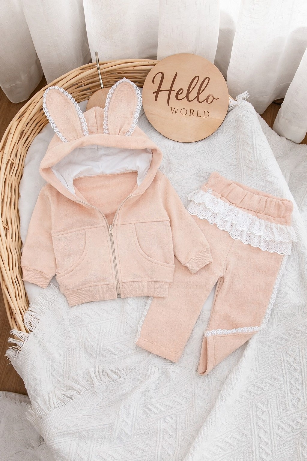 Bež termo trenerka za bebe sa ušima – duks i donji deo