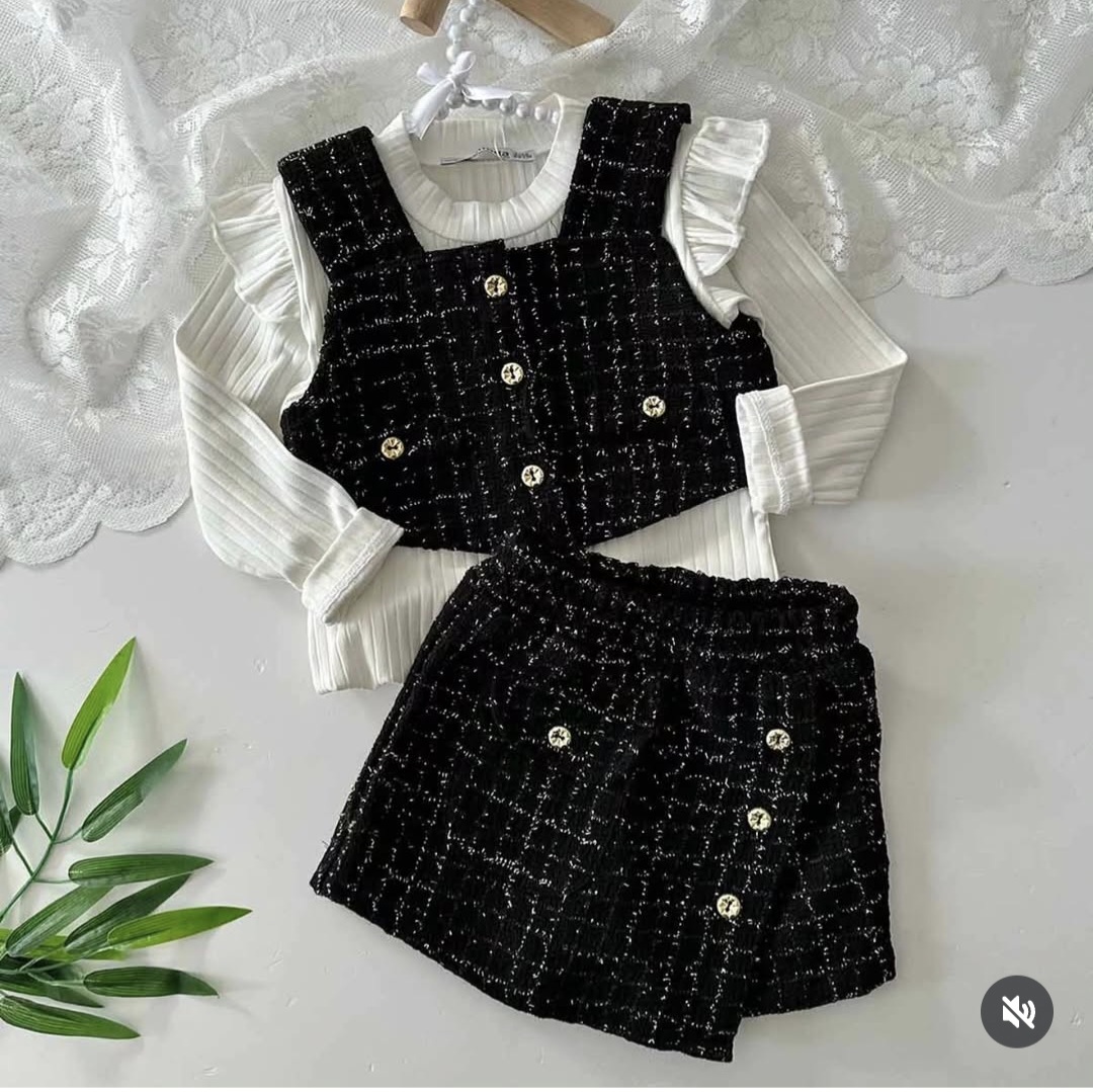 Trodeleni komplet za devojčice – elegantan prsluk, bluza i suknja