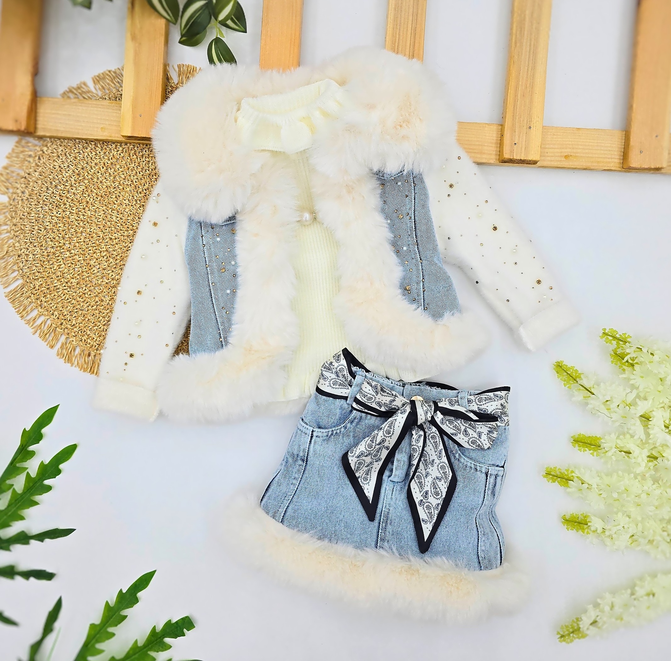 Lux set za devojčice – teksas jakna sa krznom, suknjica i rolka