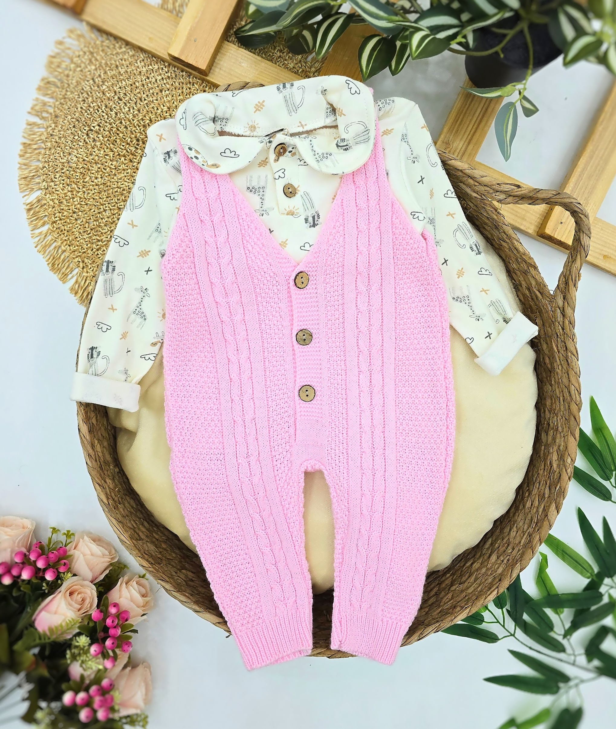 Dvodelni bebi komplet – bluza, pleteni kombinezon