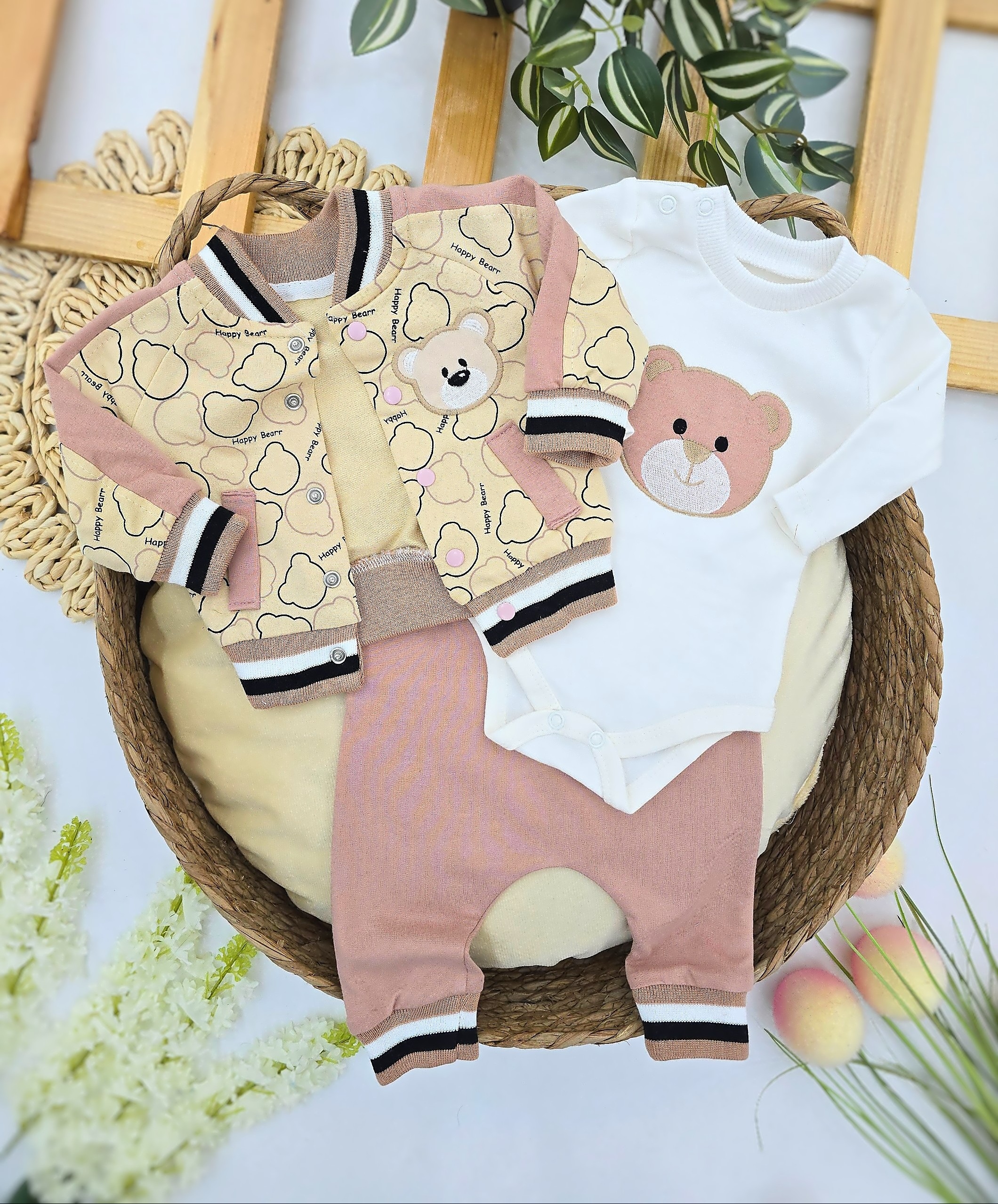 Puder roze set za bebe devojčice sa medvedićem – bodi, koledž duksić i pantalone