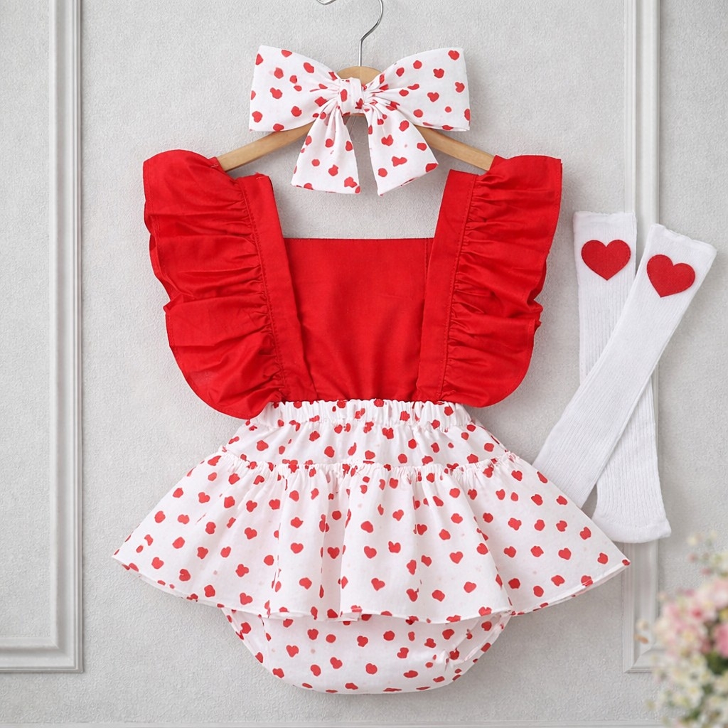Crveno-beli set sa srcima – romper, traka i dokolenice