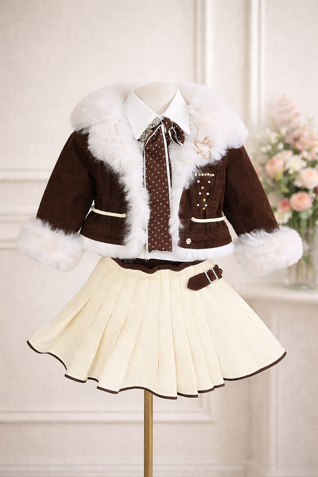 Elegantni set za devojčice sa bundicom i suknjom – braon/krem