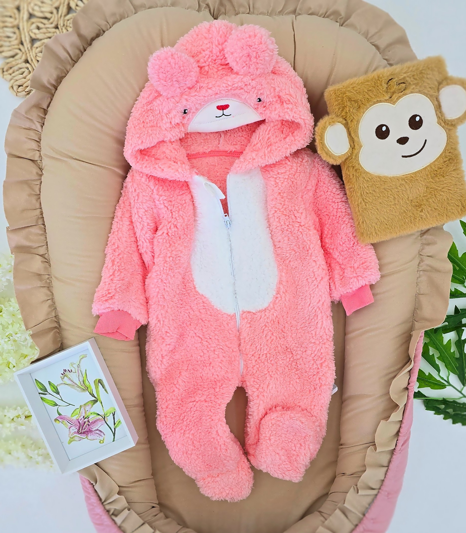 Jesenji roze skafander za bebe – Krzneni model sa zatvorenim stopama