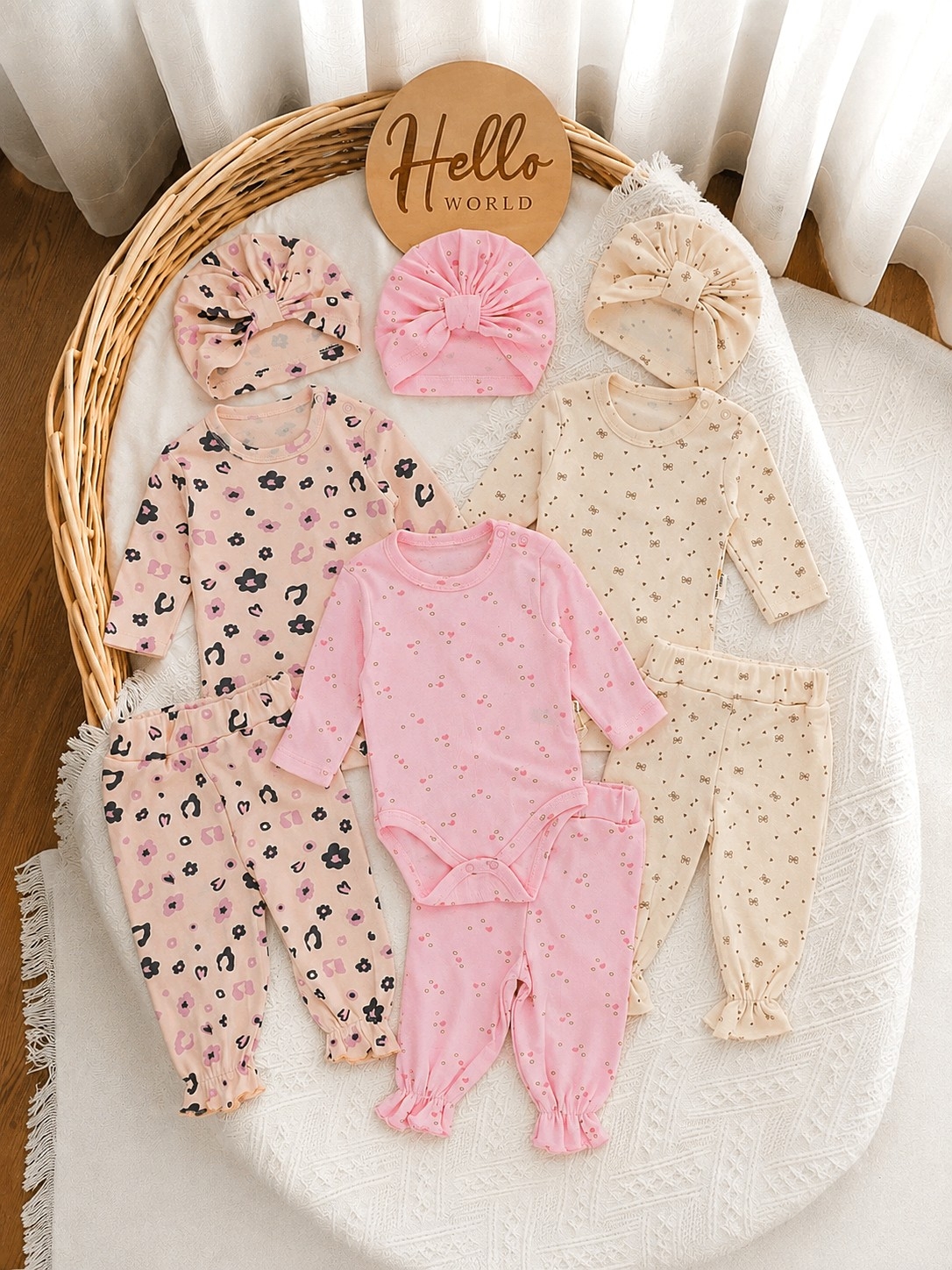 Devetodelni set – 3 bodija, 3 pantalonice i 3 turbana | 100% pamuk