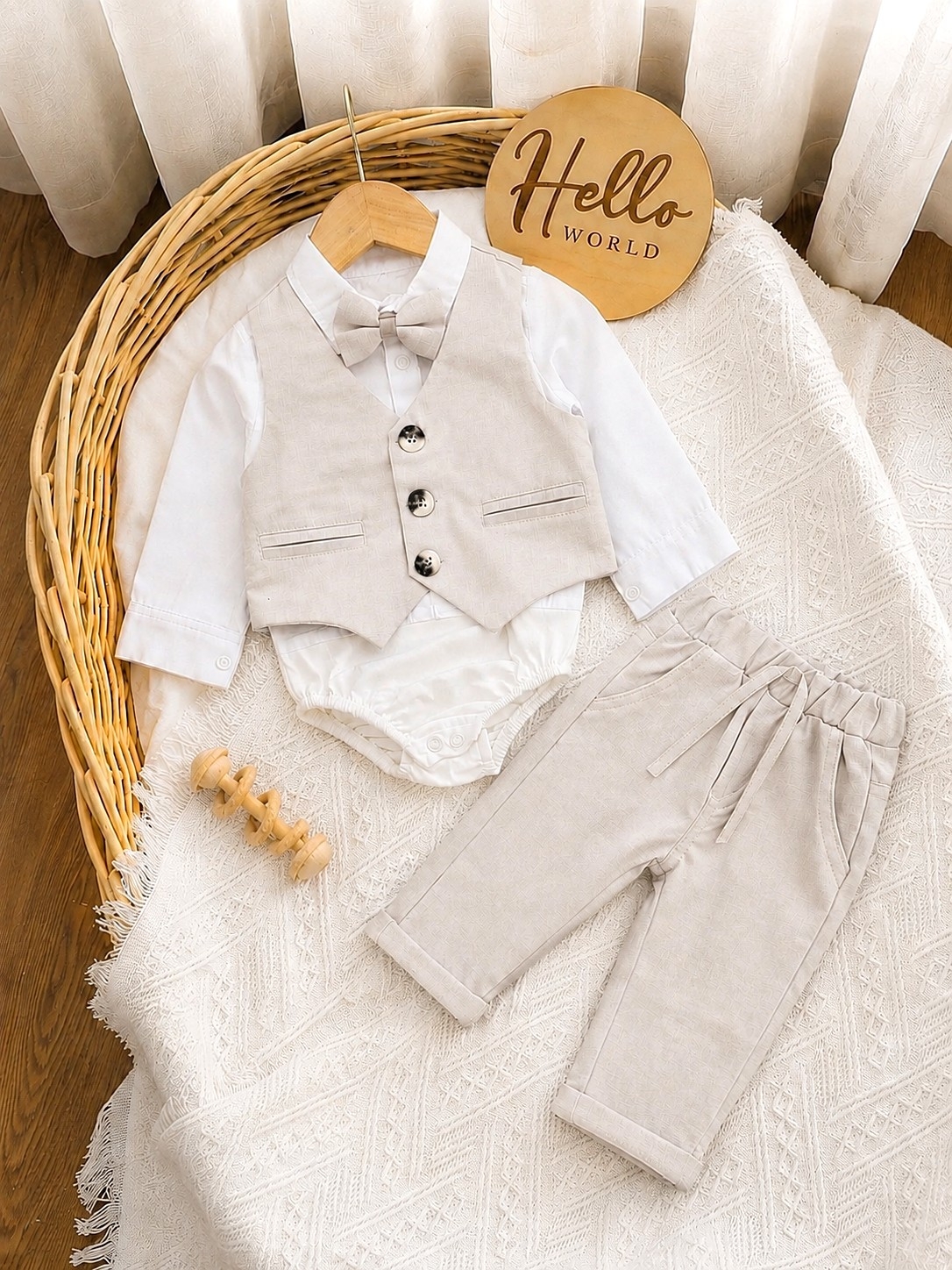 Četvorodelni svečani komplet za bebe dečake – bodi košulja, prsluk, pantalone i leptir mašna (krem)