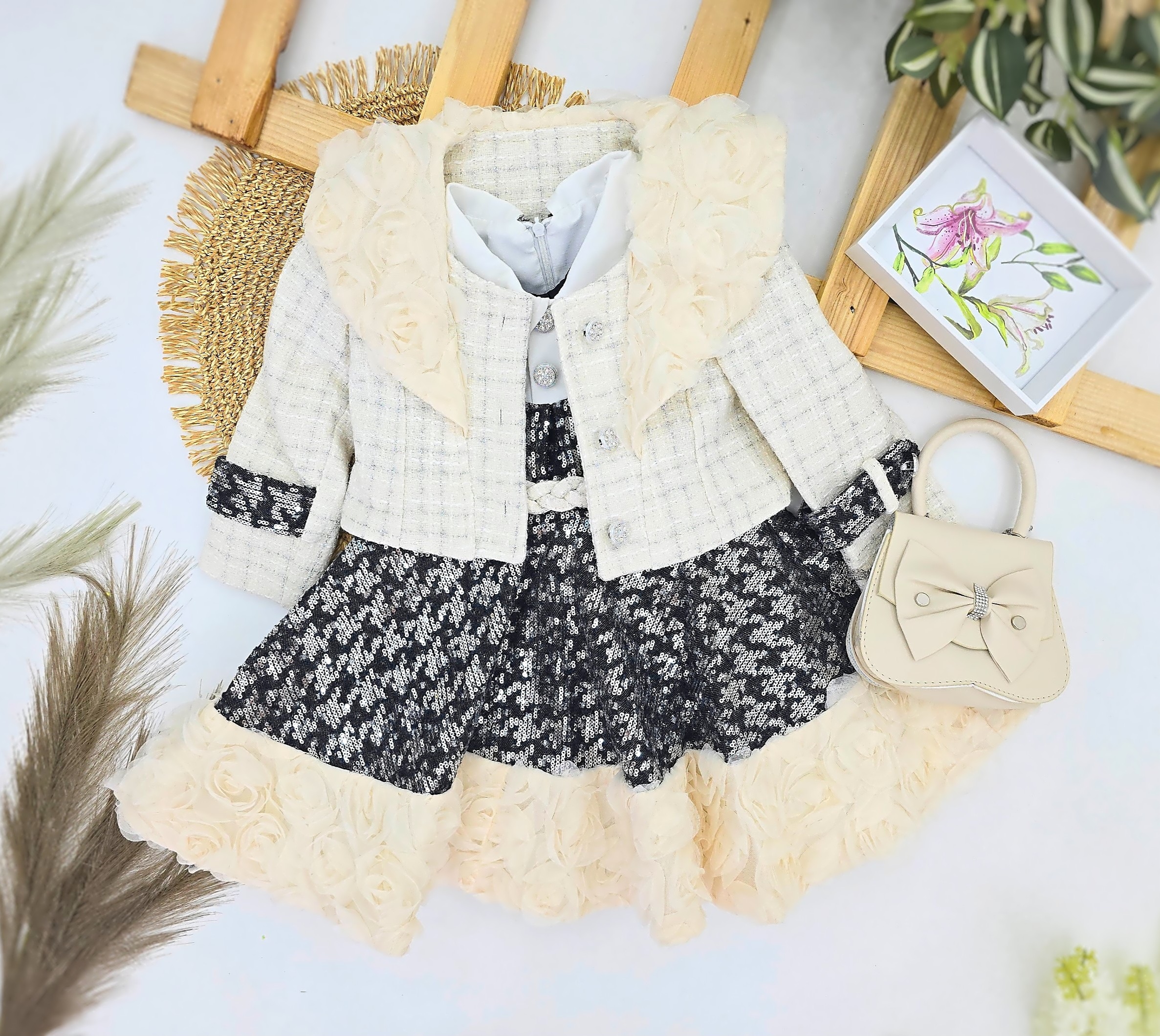 Crna svečana haljina sa šljokicama i sakoom – komplet sa torbicom i lančićem