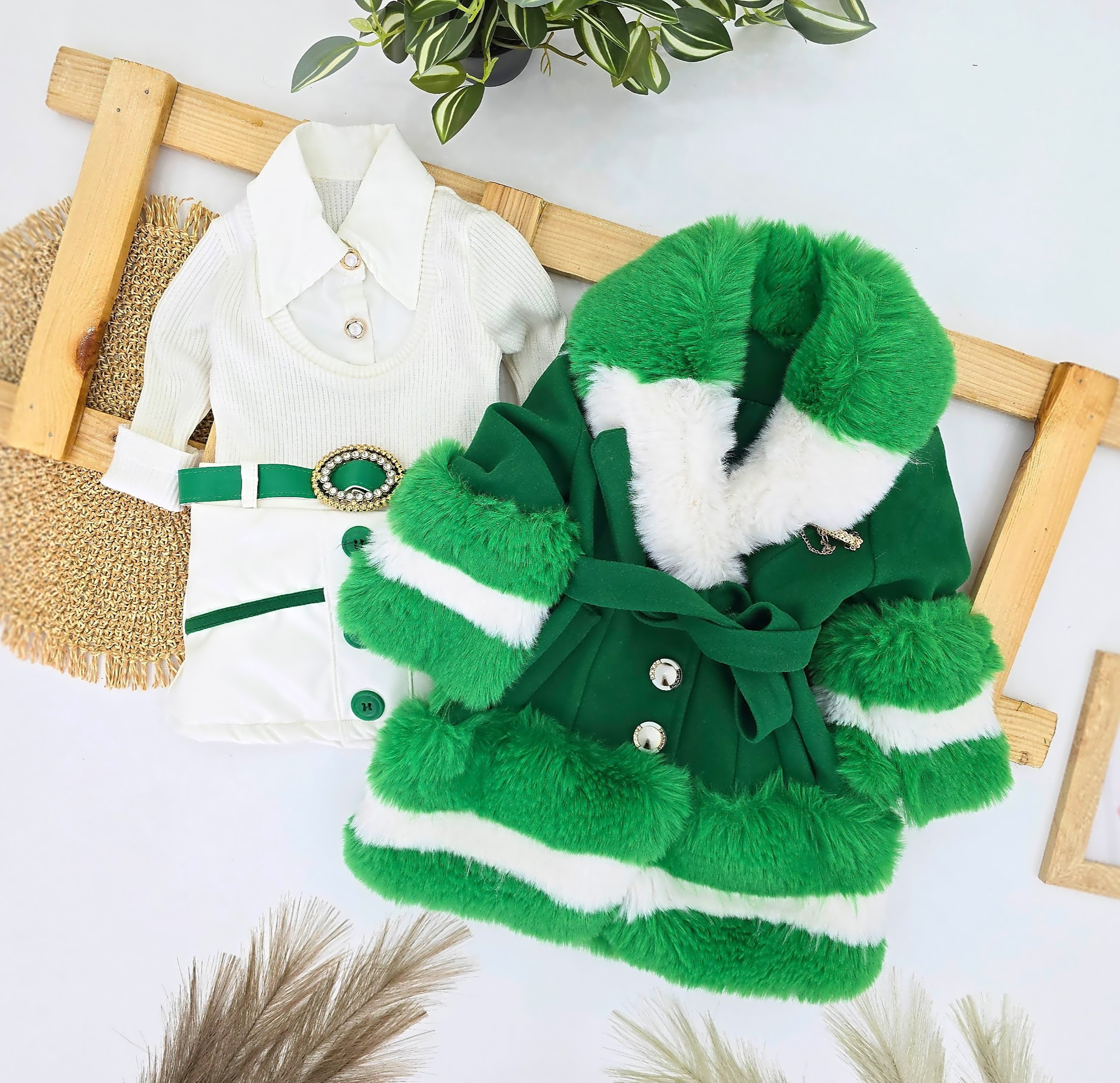 Lux komplet za devojčice – kaput, bluza, suknjica i kaiš