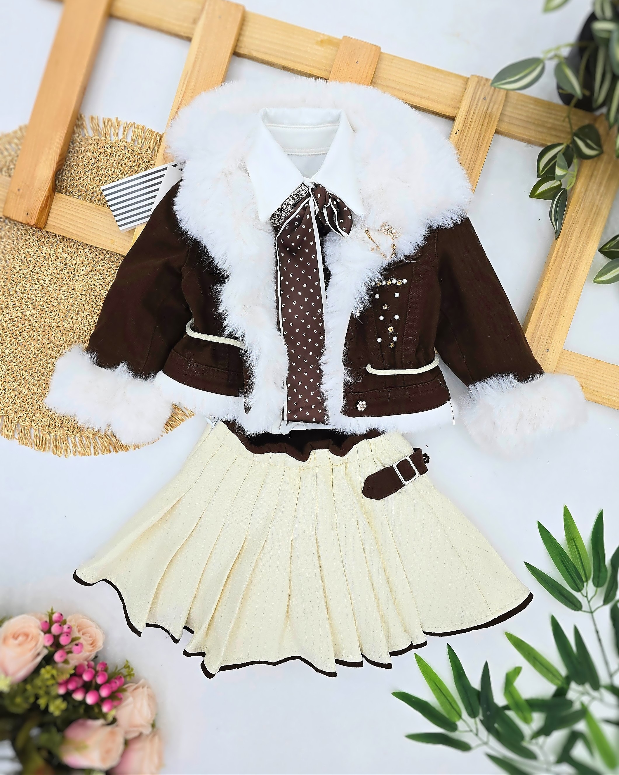 Elegantni set za devojčice sa bundicom i suknjom – braon/krem