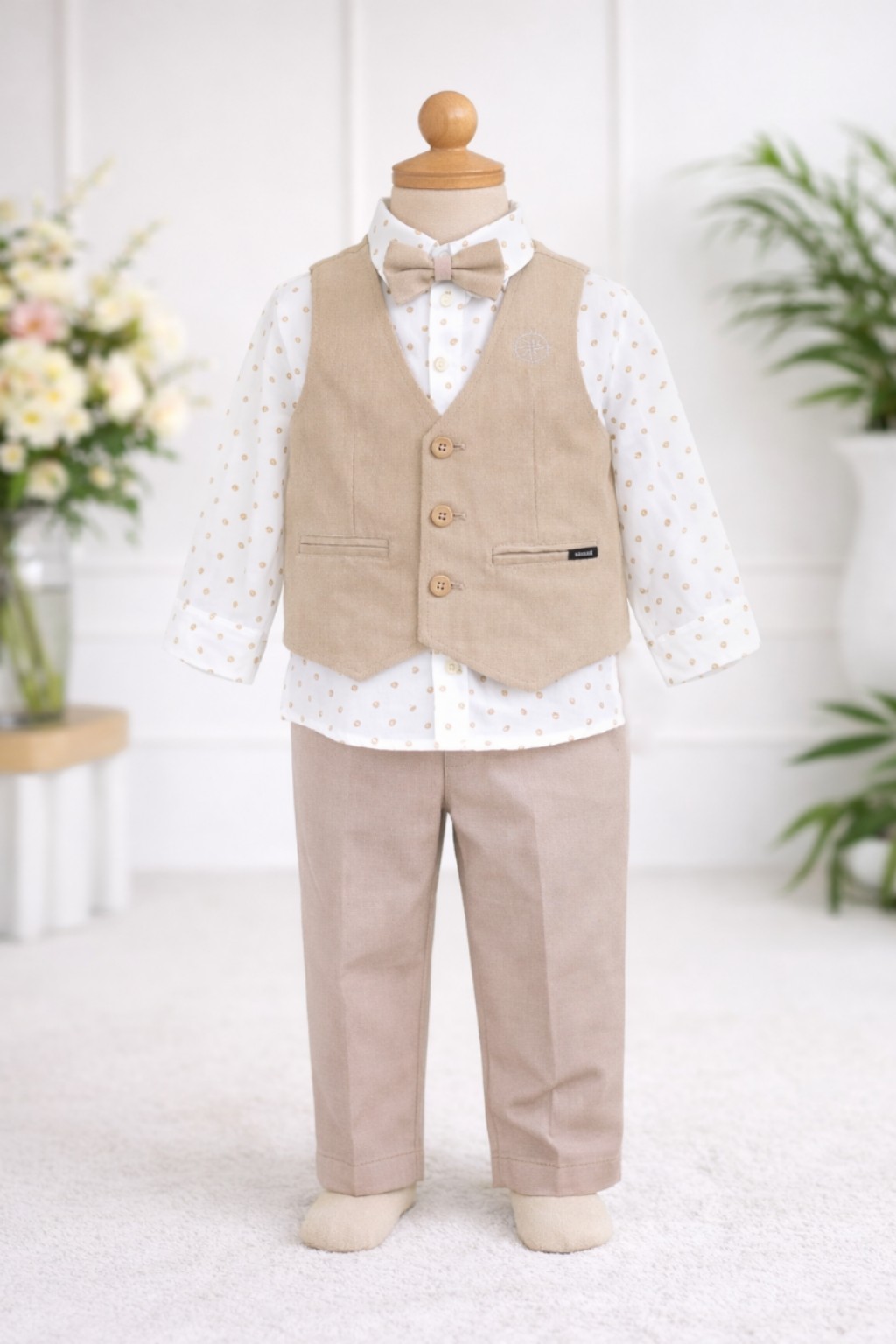 Petodelni svečani komplet za dečake – košulja, prsluk, pantalone, kaiš i leptir mašna