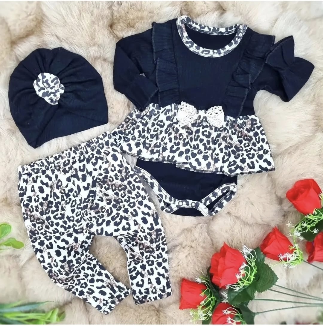 Crni trodeli komplet za devojčice – Bodi, helanke i turban sa leopard printom