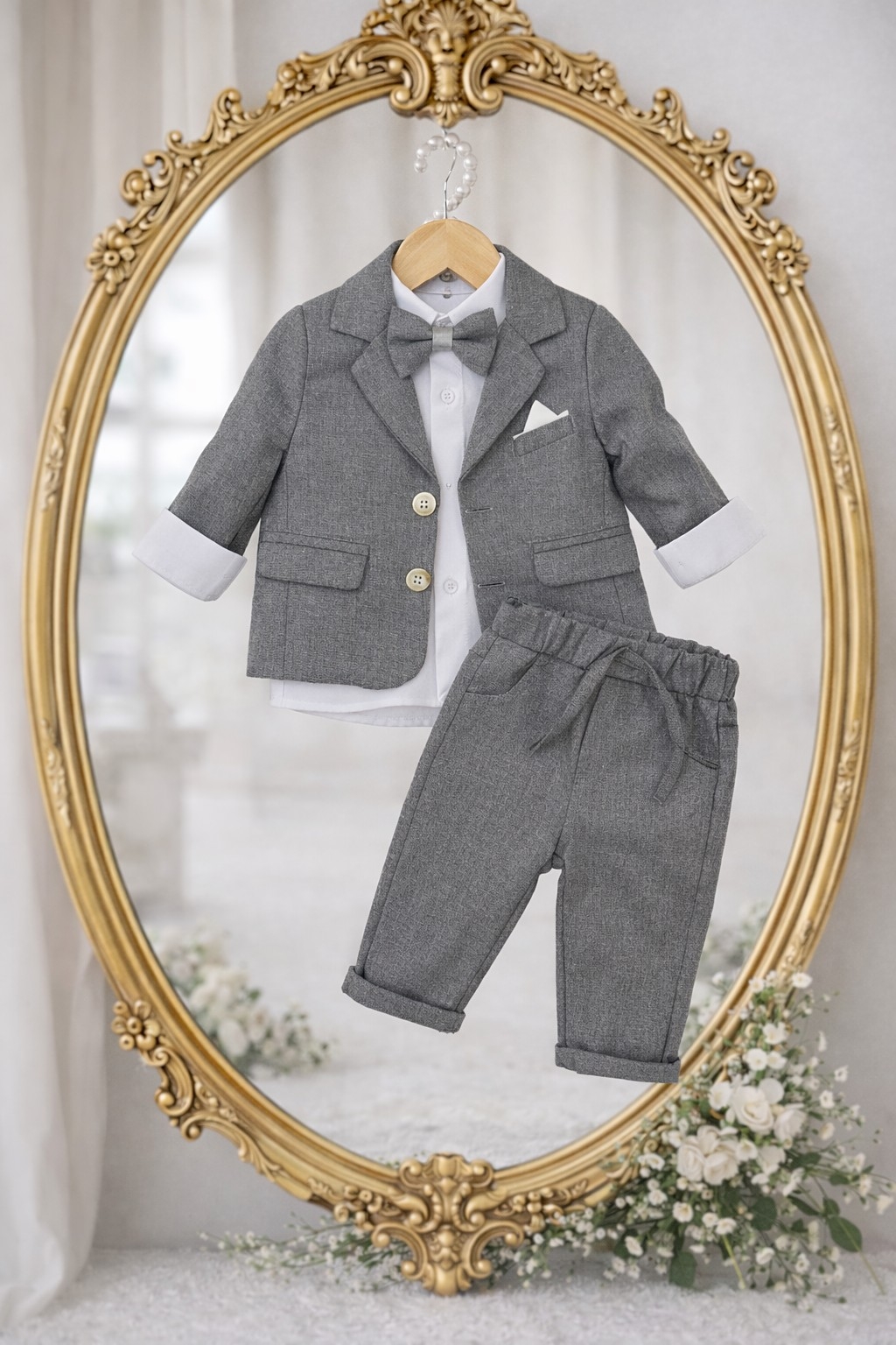 Sivo svečano odelo za dečake – sako, pantalone i leptir mašna