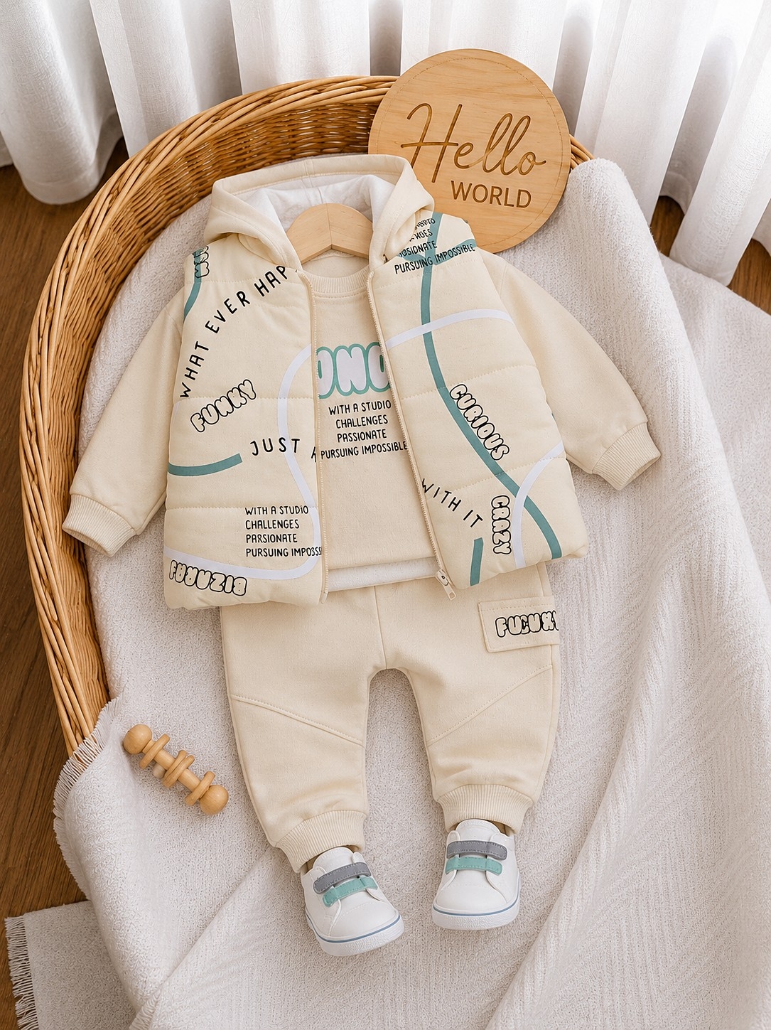 Krem pamučni set za bebe dečake – prsluk, donji deo i bluzica