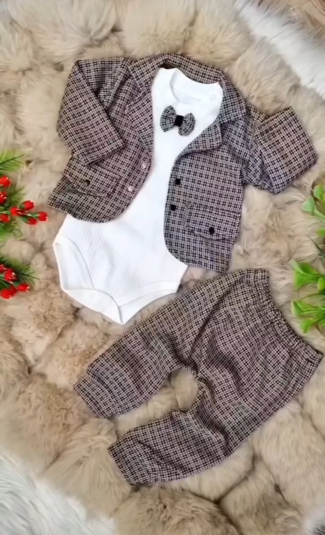 Braon sako i pantalonice, beli bodić sa ušivenom leptir mašnom Braon sako i pantalonice, beli bodić sa ušivenom leptir mašnom