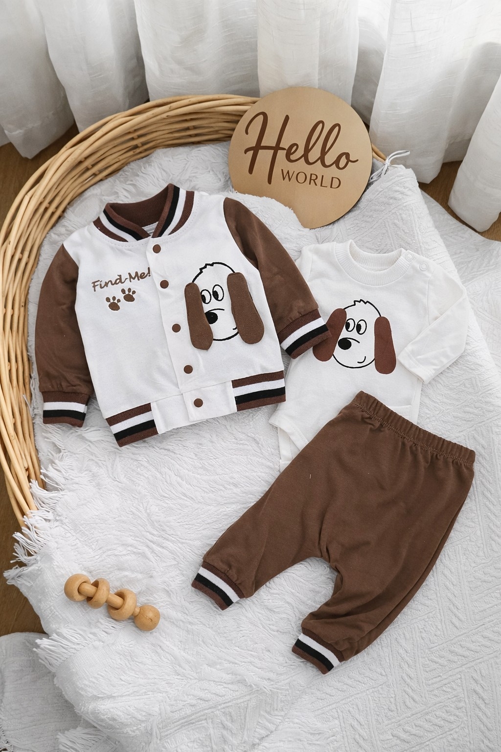 Braon bebi set za dečake – koledž duks, bodi i pantalonice